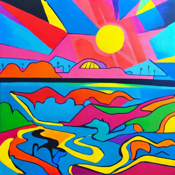 AI art - 'Holiday cheer in a technicolour explosion of vivid summer sunset. Joy, optimism and fun, in pop art style'