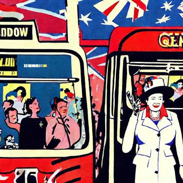 AI art - 'Queen Elizabeth, a London bus, waving to the crowd, pop art style'