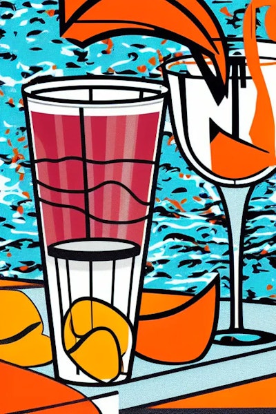 AI art - 'Graphic print, negroni garnished with a curled orange peel in a tumbler, by a swimming pool, Roy Lichtenstein'