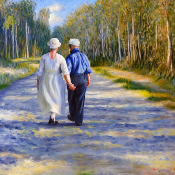 AI art - 'Impressionist oil painting of an old couple holding hands, on a country lane'