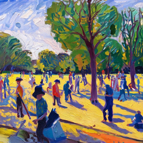 AI art - 'Sunny day, Hyde Park, London. Alive with light & energy, warm colours, joyful atmosphere. Impressionism'