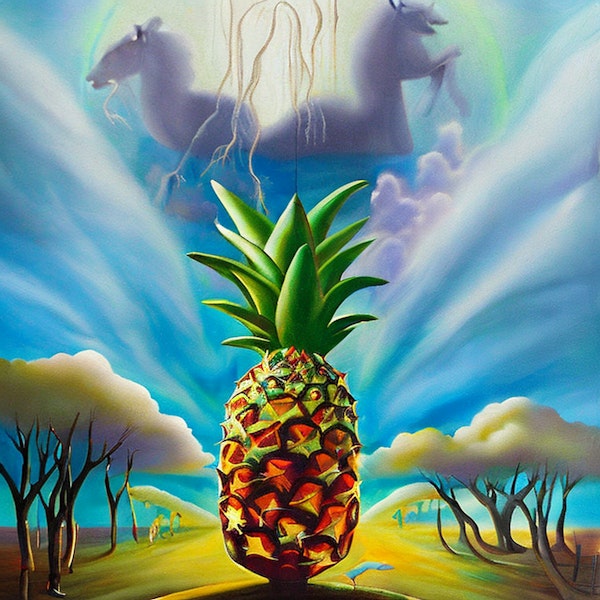 AI art - 'A pineapple & majestic unicorn, in a misty dreamscape. Surrealist style'