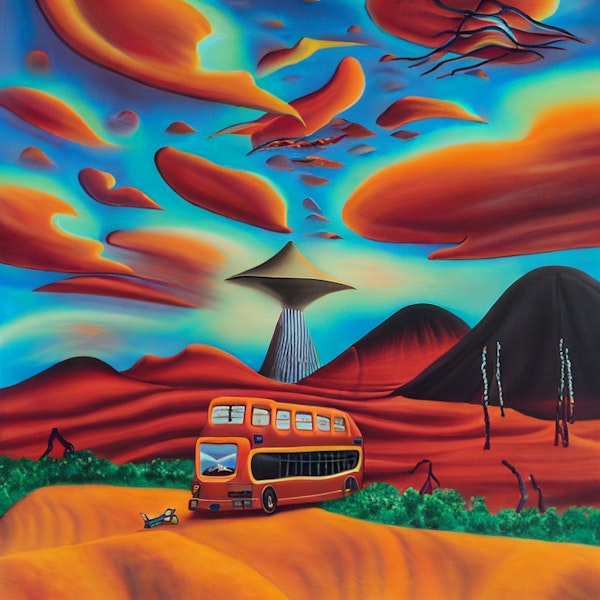 AI art - 'A surrealist painting of a bus on Mars, and a sky filled with surreal shades of red and orange'