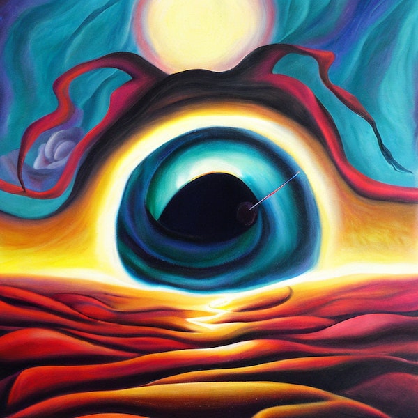 AI art - ‘Red rose illuminates a black hole, a pathway of light and hope towards a new day. Surrealist style’