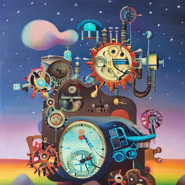 AI art - ‘Odd, dreamlike landscape, an antique time machine, with all its gears and cogs in motion. Surrealist painting’
