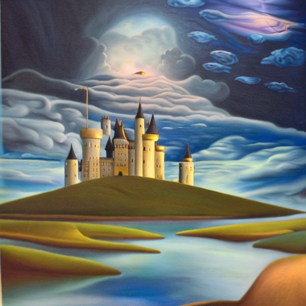 AI art - ‘Ethereal dreamscape of a cloudy sky, a castle sitting above a wide expanse of water, illuminated by a deep blue hue. Surrealism’