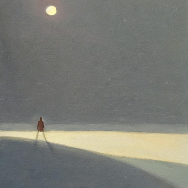 AI art - ‘One figure, sun setting, casting a warm light across snowy ground. Dreamy, smooth, soft. Minimalism’