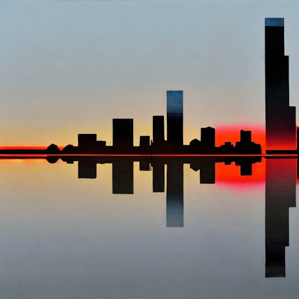 AI art - ‘Skyscrapers, reflecting orange & pink hues a city skyline. Minimalist style, dramatic, elegant, serene’