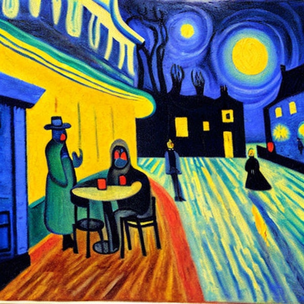 AI art - ‘A cafe in winter. A faint, orange light, creating a dreamy and surreal mood. Expressionist, Van Gogh style’