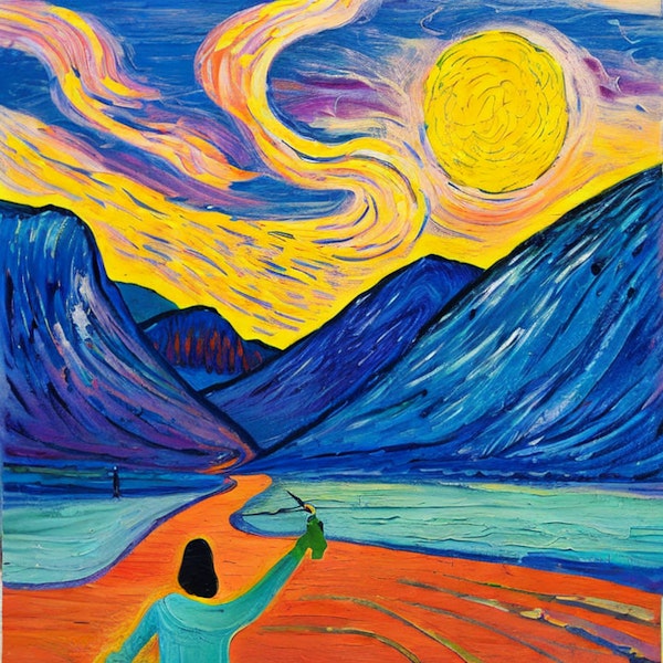 AI art - ‘A lonely figure, at sunrise. Mountains stretch far into the horizon. Van Gogh inspired expressionist painting’