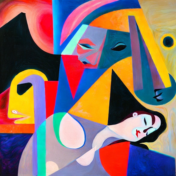 AI art - ‘Woman lies motionless, a Picasso-inspired creation; surreal, dreamlike, chaotic, vibrant. Expressionist’