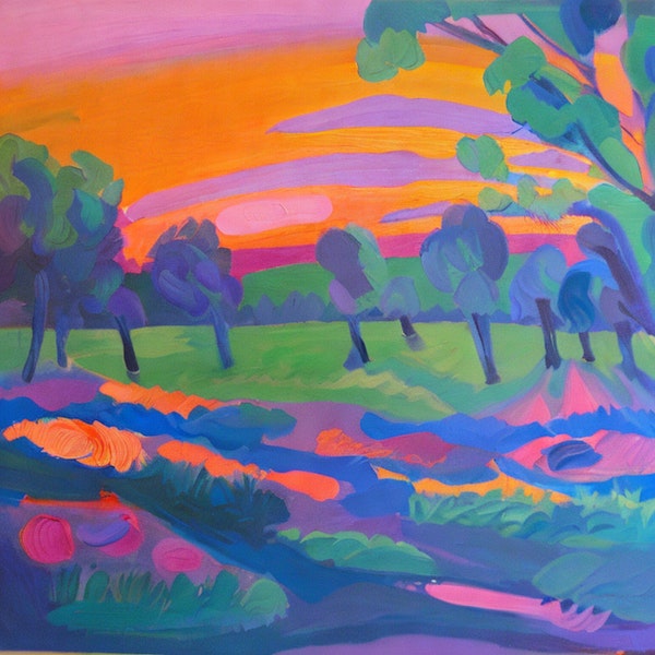 AI art - ‘Tranquil meadow of soft blues, muted purples & gentle pinks, sun setting. Fauvism’