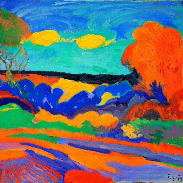 AI art - ‘A bright & sunny landscape, blues & oranges, the horizon stretching far into the distance. Vibrant. Fauvism’