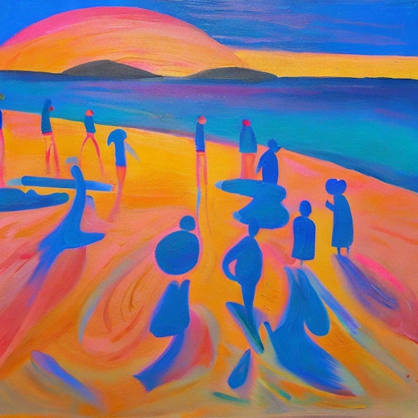 AI art - ‘Beach at sunset. Oranges, pinks, blues reflected creating a dreamscape of abstract shapes. Fauvism’