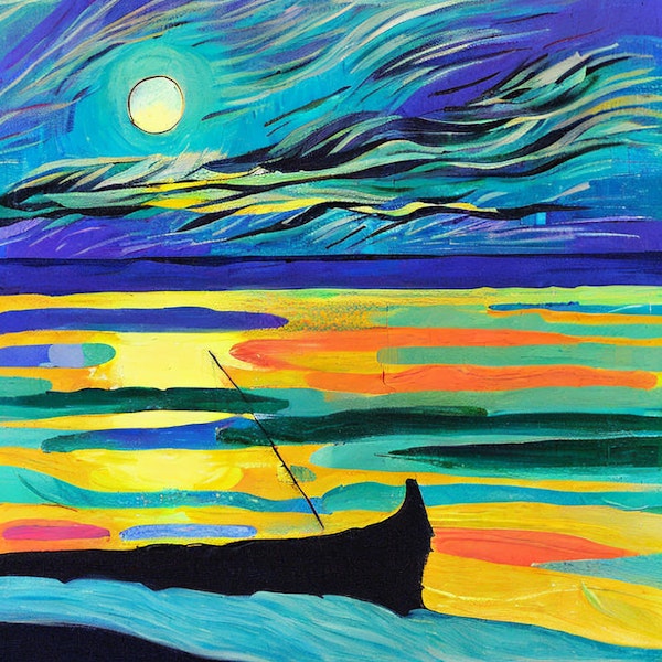 AI art - ‘A lone fishing boat, moonlight reflecting on moving seas. A chaotic and serene scene. Fauvism’