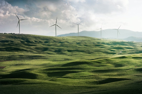 Wind turbines surrounded by grass