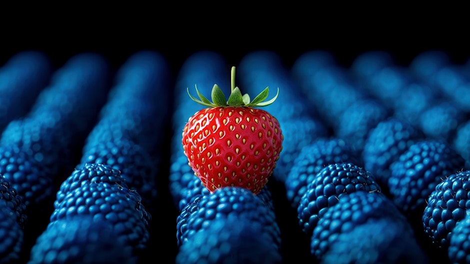 Single Red Strawberry Among Many Blue Blackberries