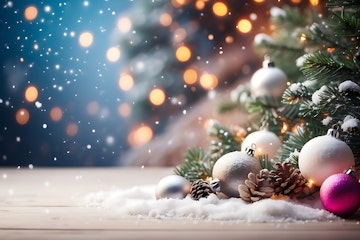 christmas tree with decor and snow