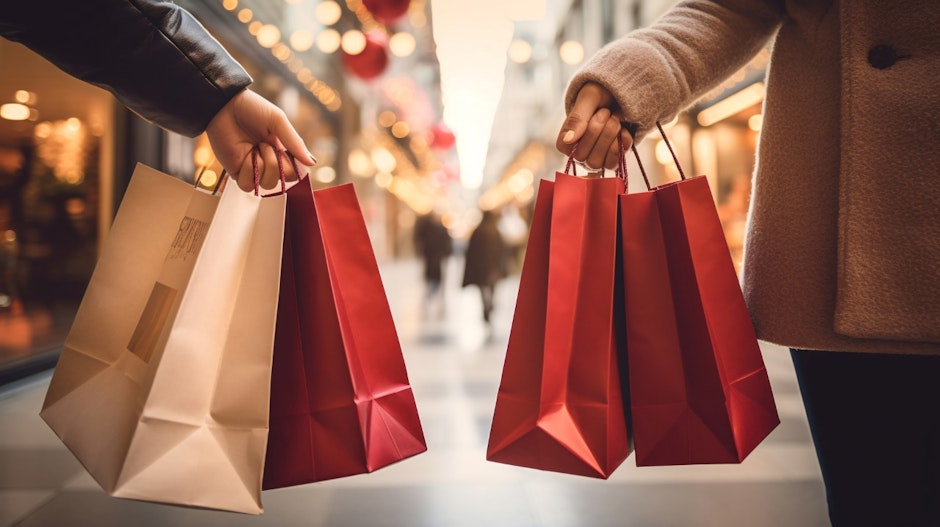 people holding christmas shopping gift bags