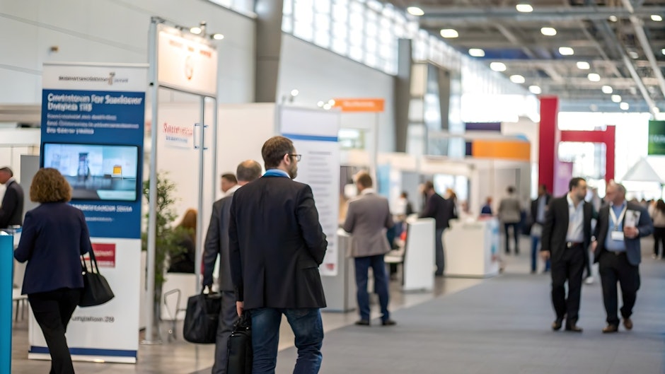 trade show with banners and people