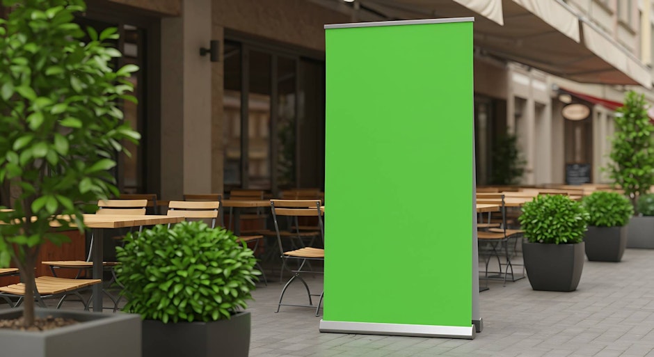 roller banner outside a restaurant