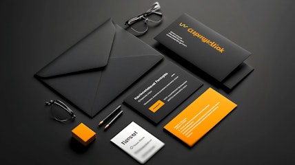 Stylish black and orange branding materials arranged on a dark surface with glasses and pen
