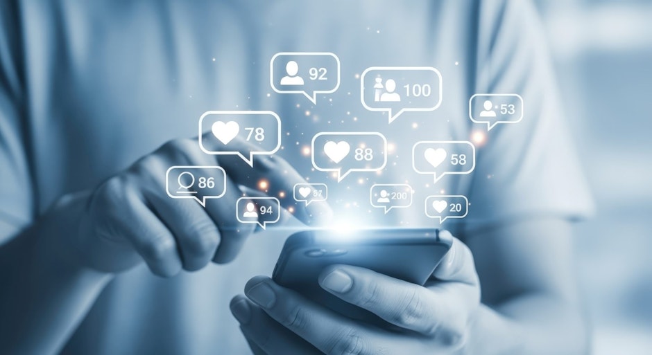 Person Using Mobile Phone with Floating Social Media Icons, Showing Likes, Followers and Comments