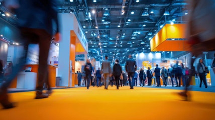Trade Show Floor with Crowds of People Blurred
