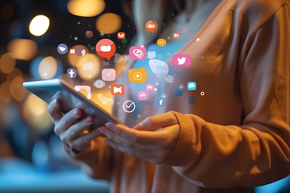 woman holding a smartphone with social media icons floating