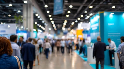 trade show displays crowds moving through exhibition booths
