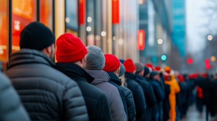 view of a massive line of customers outside a store at dawn