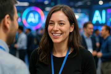 Technology Expo Featuring AI Networking with Attendees Engaged in Conversation at a Lively Convention Center