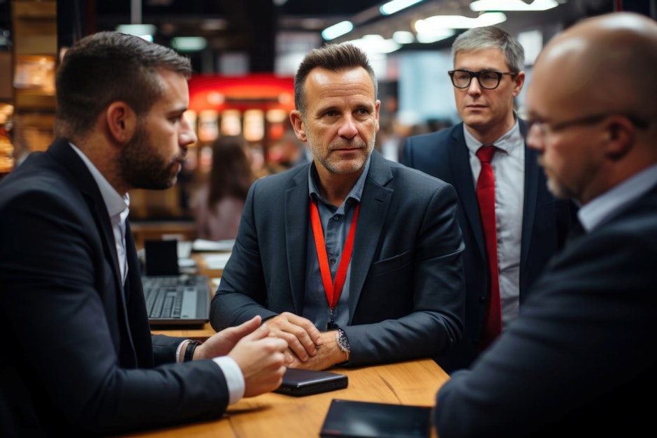 Business conversation between businessmen at a modern technology exhibition