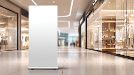 Blank Roll Up Banner Stand Mockup in a Modern Shopping Mall