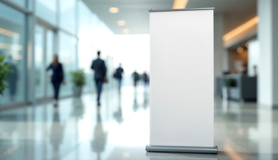 Blank roll up banner stand in a modern office