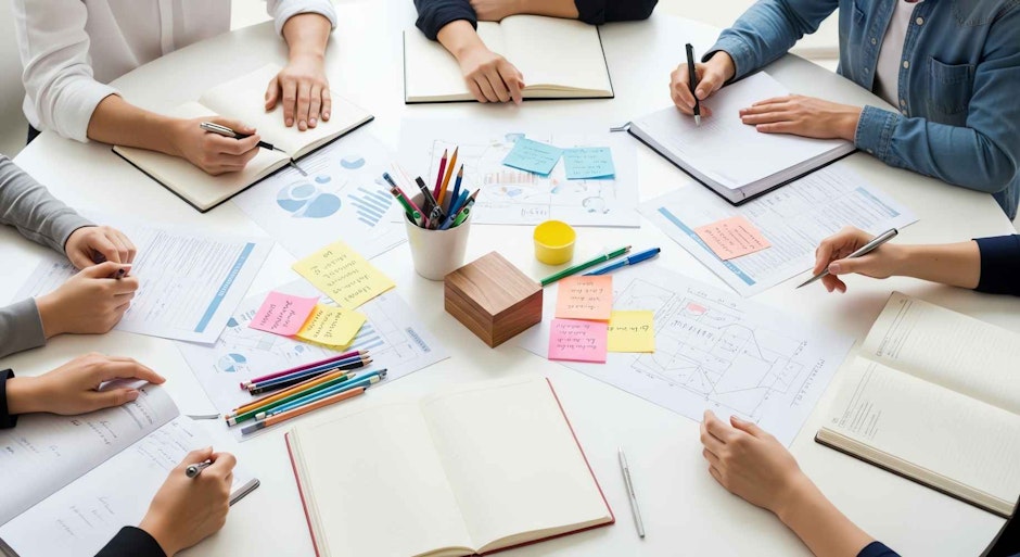 Team collaborating and brainstorming ideas around a circular table with documents