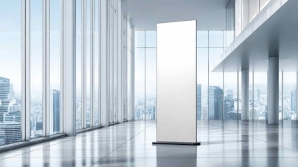 Blank Roll Up Banner Stand Mockup in Modern Office with Cityscape View for Advertising