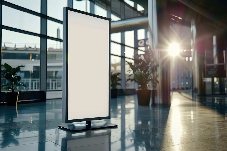 Mockup vertical billboard stand, digital lightbox standing in company's lobby