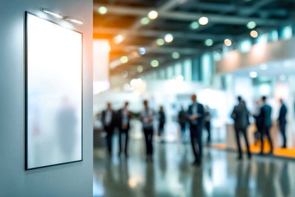 A blank white frame is hanging on a wall in an exhibition