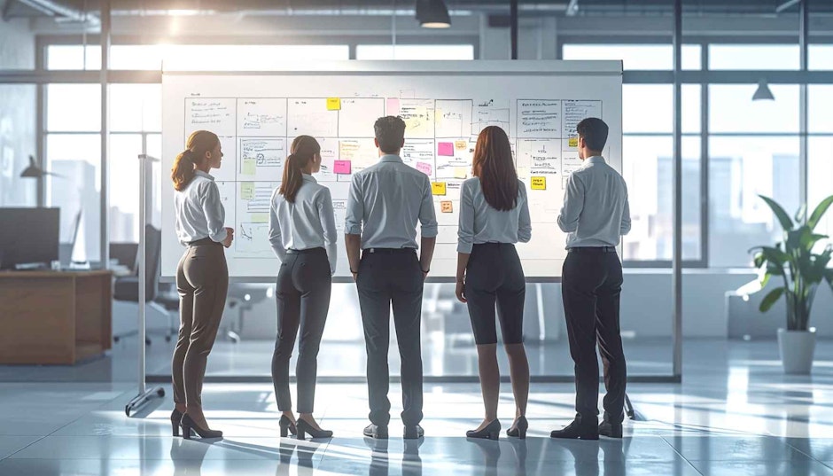 Business Team Brainstorming Strategy on Whiteboard in Modern Office