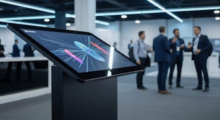 Modern interactive display showcasing vibrant data visualizations in a dynamic business conference setting with networking professionals nearby