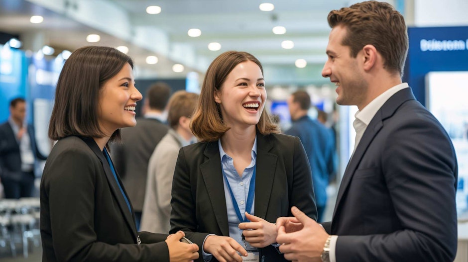 Three professionals engage in a cheerful conversation at a networking event, showcasing collaboration and connection