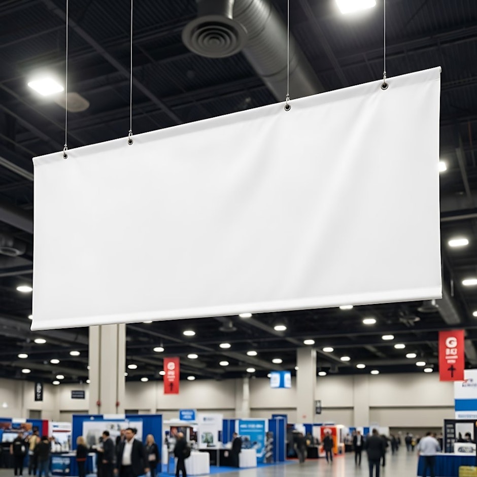 Blank Horizontal Banner Mockup Hanging In Trade Show Exhibition Hall