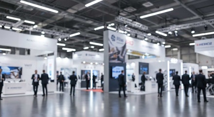 Trade show event blurred background with people and booths
