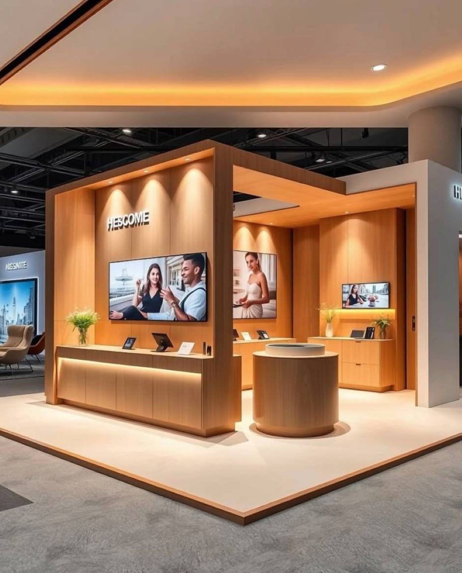 Modern and elegant exhibition booth design showcasing technology products with warm lighting and natural wood finishes