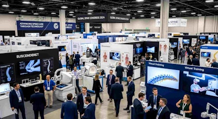Spacious exhibition hall at a bustling medical technology conference and trade show