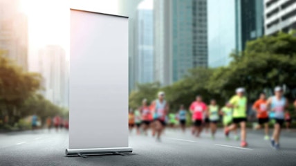 Blank Roll Up Banner Stand Mockup with Marathon Runners