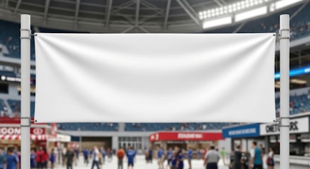 Blank white banner in stadium with crowd of fans