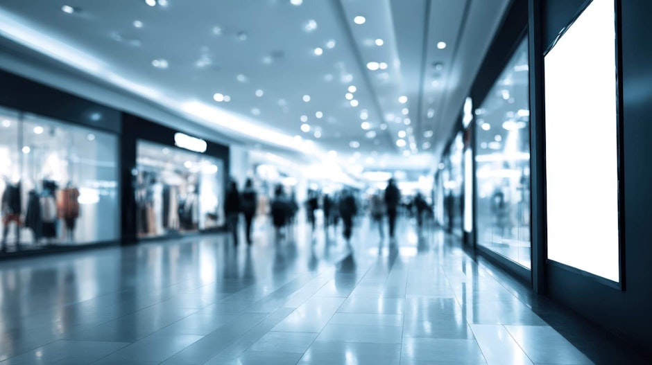 Blurred Interior View of Modern Shopping Mall with White Advertising Billboard for Mockup