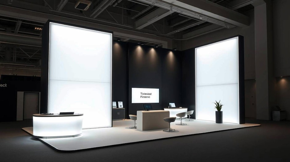 A large white display booth with lights on it